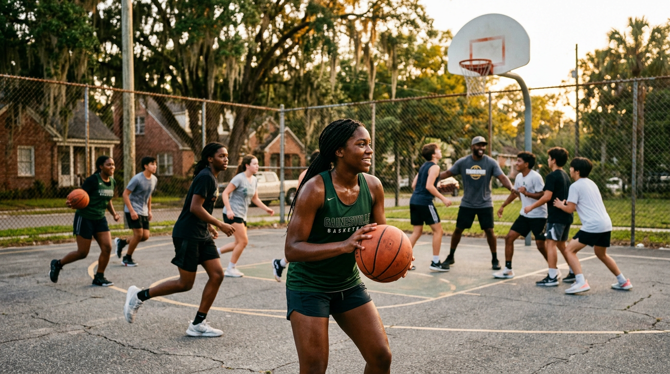 Young basketball players and a mentor on a neighborhood court